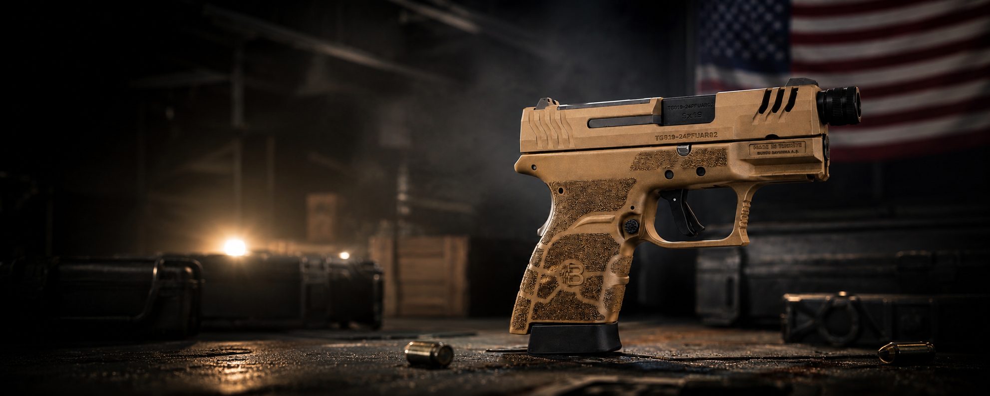 BRG9 pistol with the American flag in the background